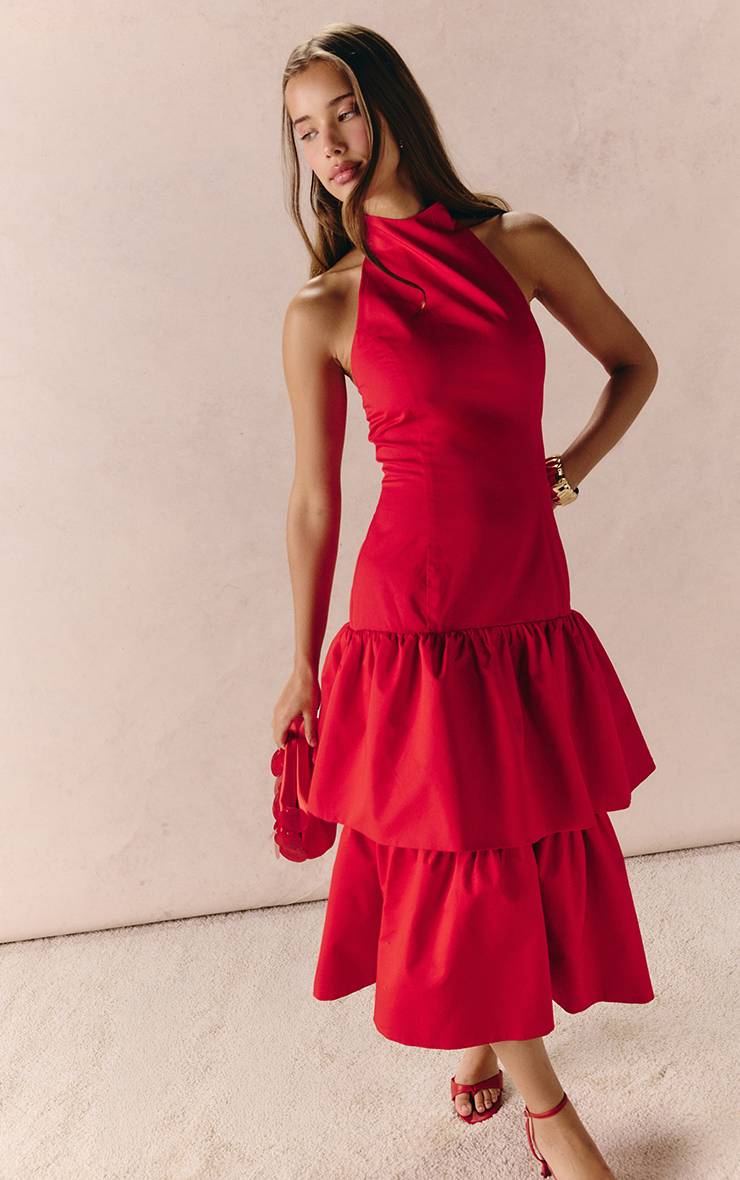 Rouge Robe Midi À Col Licou Avec Volants Étagés Et Ourlet Asymétrique