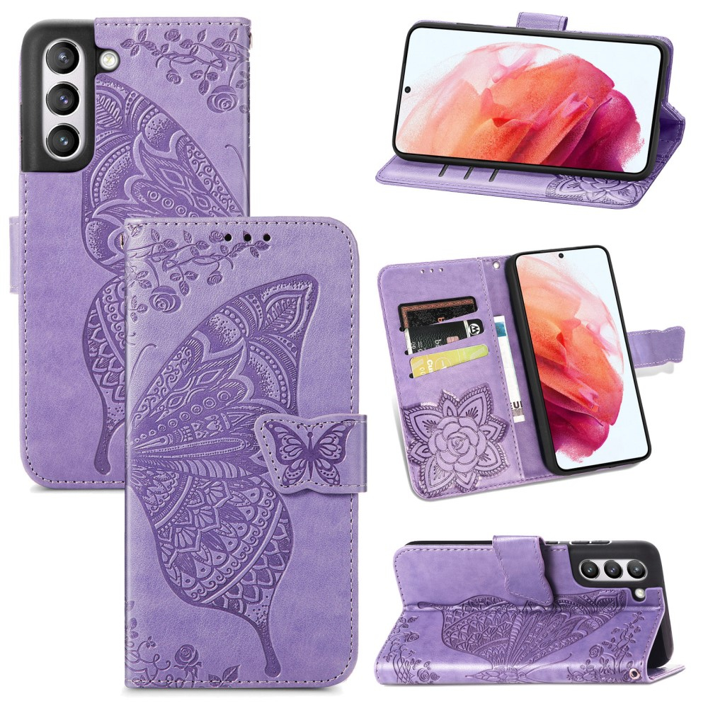 Samsung Galaxy S21 FE 5G Leder Tasche Flip Cover Schmetterlinge Imprint - Lila