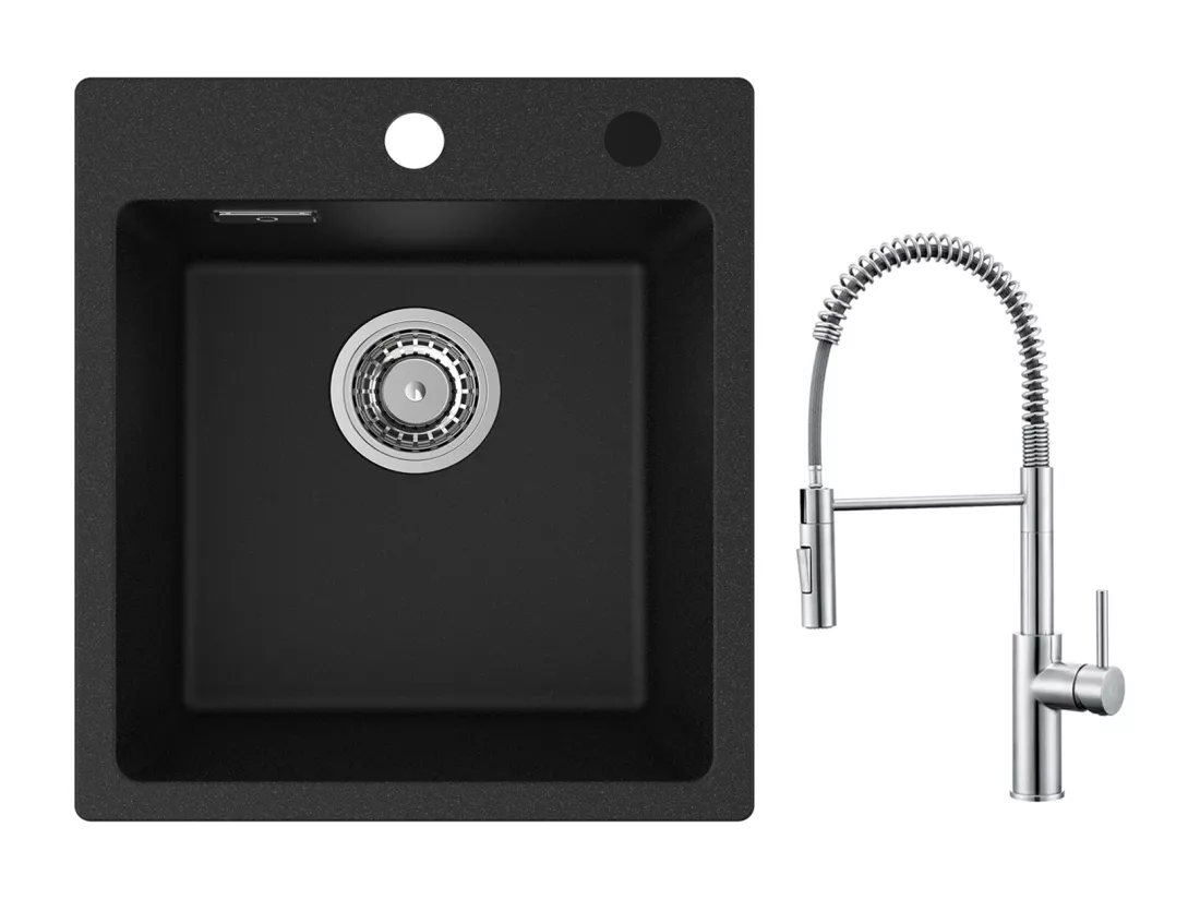Cecipa max 40x45cm Evier de Cuisine en Quartz et Résine Evier Quartz 1 Bac Noir + Mitigeur de Cuisine à Ressort Brossé avec Douchette Extractible