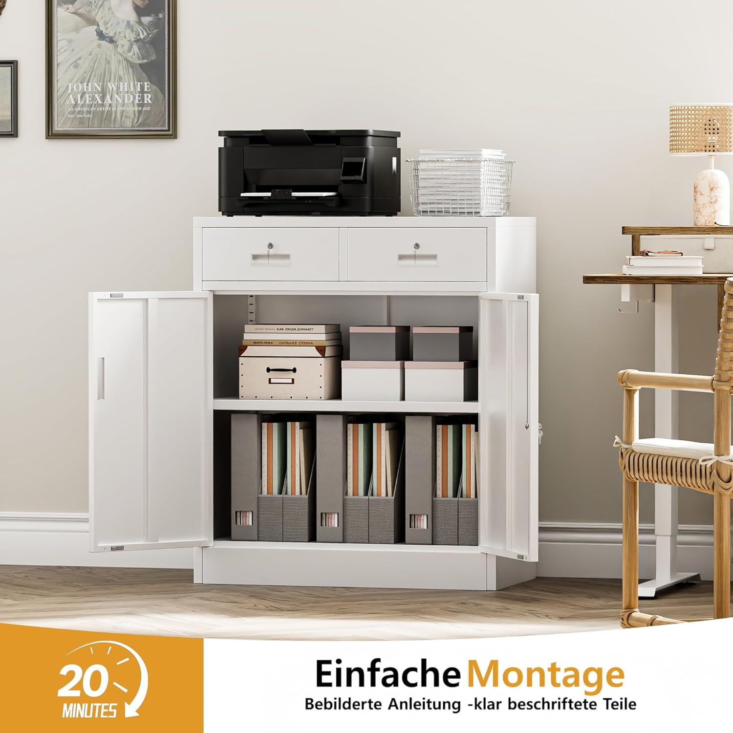 Aktenschrank, Mehrzweckschrank, Büroschrank mit 2 Türen, Schrank abschließbar, Aufbewahrungsschrank Stahl, 2 Schublade und 1 Verstellbarer Einlegeboden für Büro, Garage(Weiß, 90 * 80 * 40)