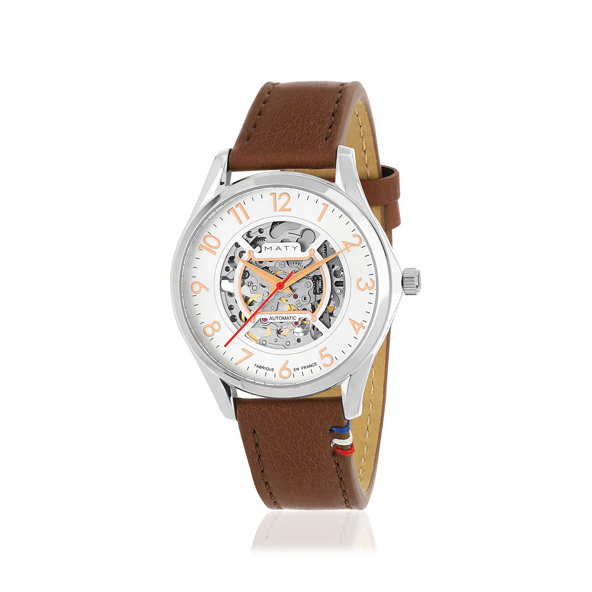 Montre homme squelette automatique acier bracelet cuir marron
