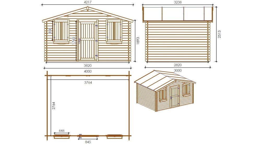 Abri de jardin en bois - 4x3 m - 24 m2 + terrasse avec balustrade et avant-toit en bois