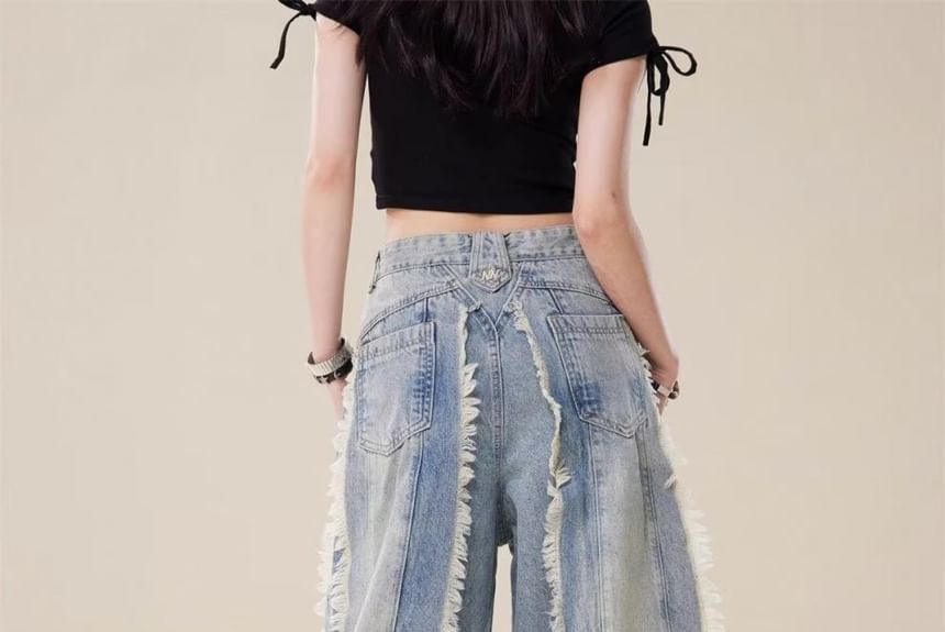 Vhancy - High Waist Washed Fringe Wide Leg Jeans