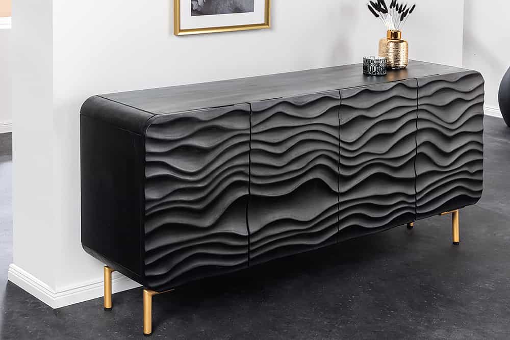 Design Sideboard WAVE 160cm schwarz Mangoholz Massivholz mattgold Metallbeine