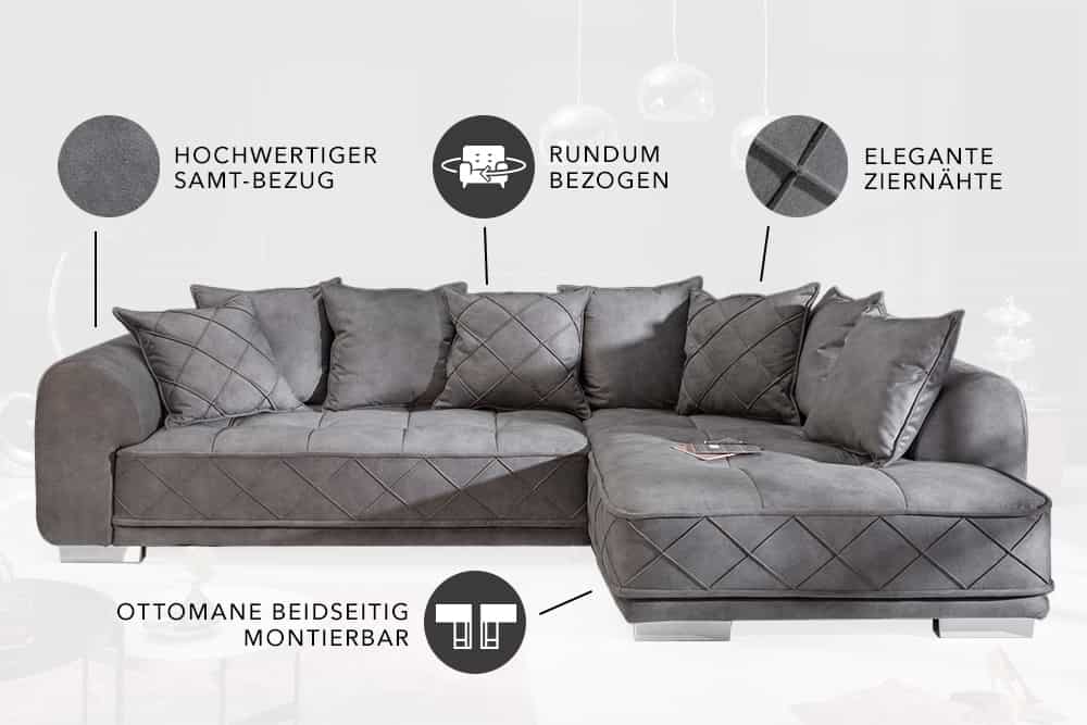 Modernes XXL Ecksofa DECADENCIA 320cm silbergrau Samt Bigsofa inkl. Kissen