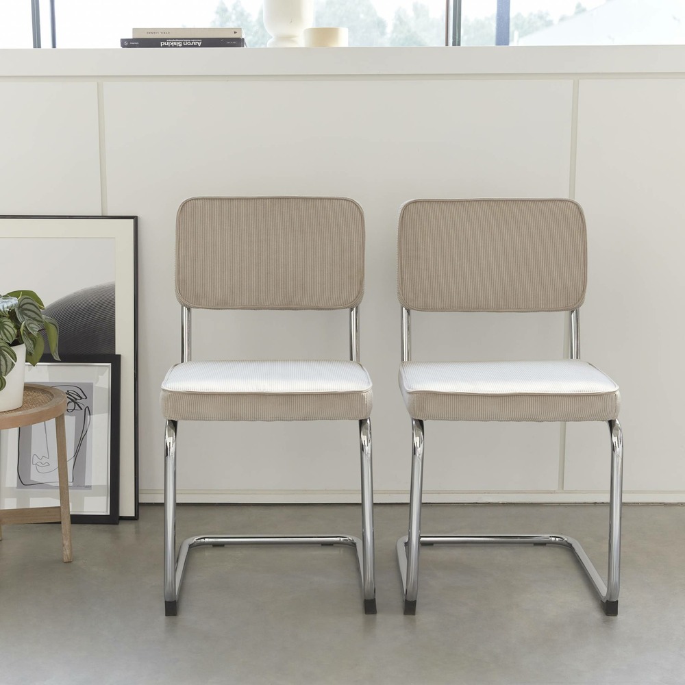 Lot de 2 chaises cantilever. Velours côtelé crème - maja