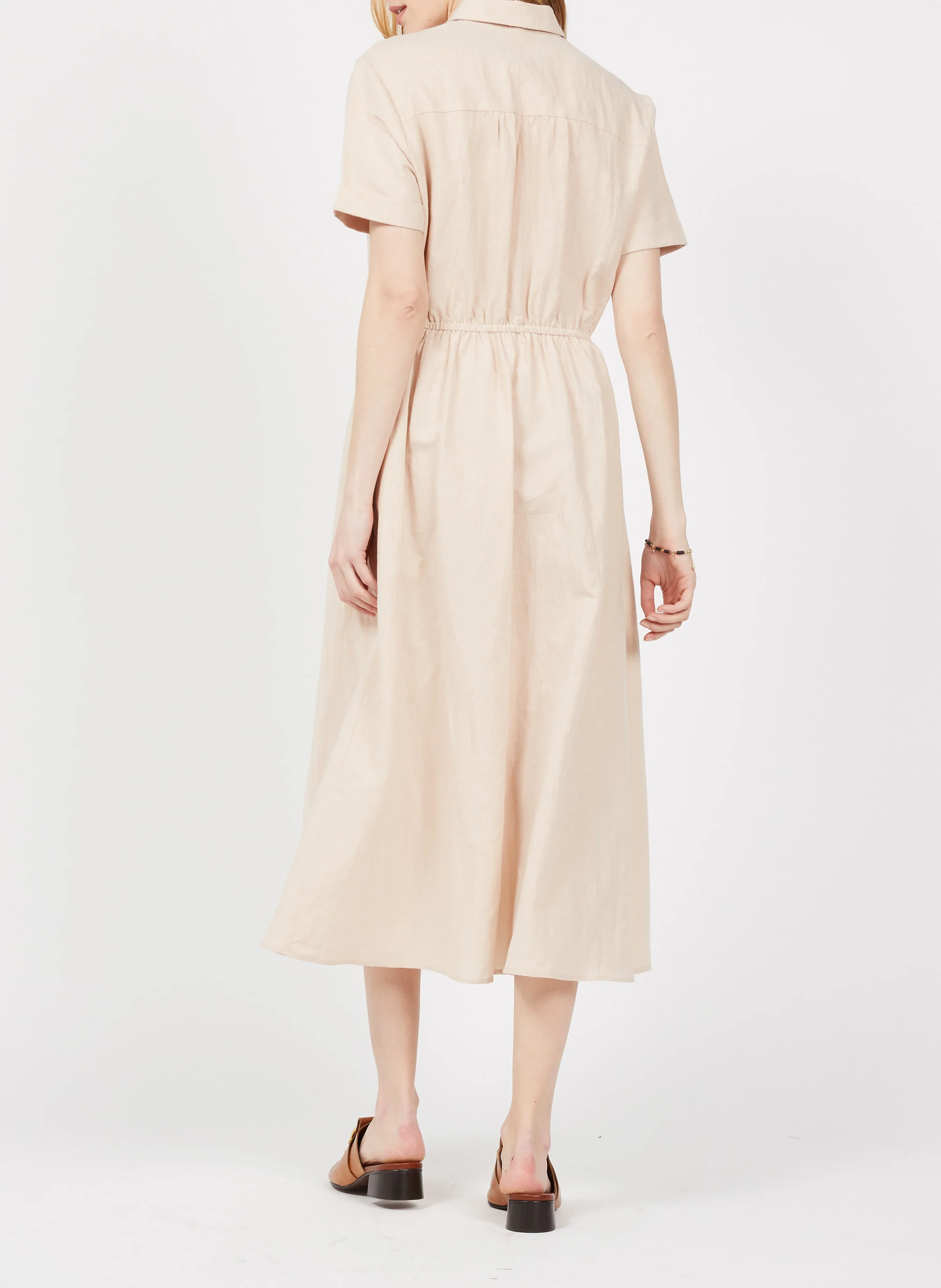 GAETANNE - Robe longue col classique en lin et coton| Beige