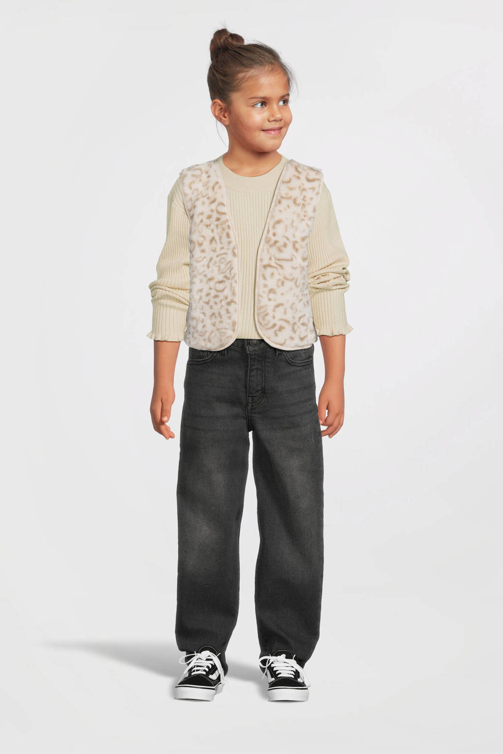 Moodstreet gebreid gilet Vajén met panterprint ecru/lichtbruin