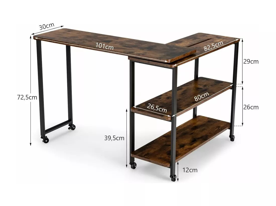 Table d’Appoint, Bureau d’Angle Mobile avec 3 Étagères, avec 6 Roues, Bout de Canapé Convertible pour Salon, Chambre, Montage Facile, Bureau avec Rangement, Marron Rustqiue,101 x 30 x 72,5 cm