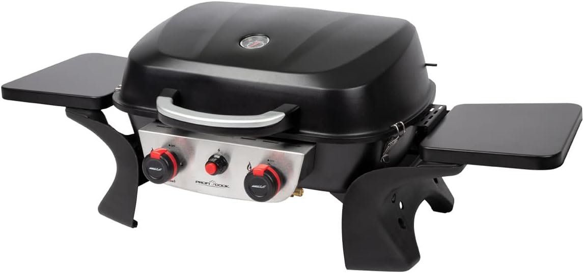 ProfiCook Gasgrill mit 2 Edelstahlbrennern | Tischgrill inkl. Gasdruckminderer & Gasschlauch | Grill mit Stabiler Metallhaube & Temperaturanzeige | Gasgrill klein für Balkon & Camping | PC GG 1261