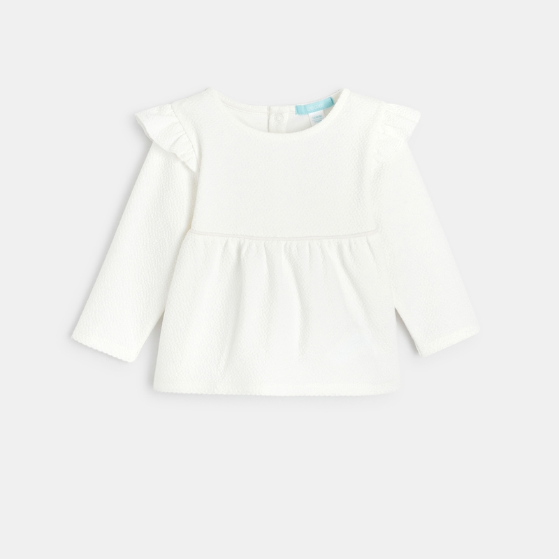 Blouse unie tissu gaufré à volants blanche bébé fille
