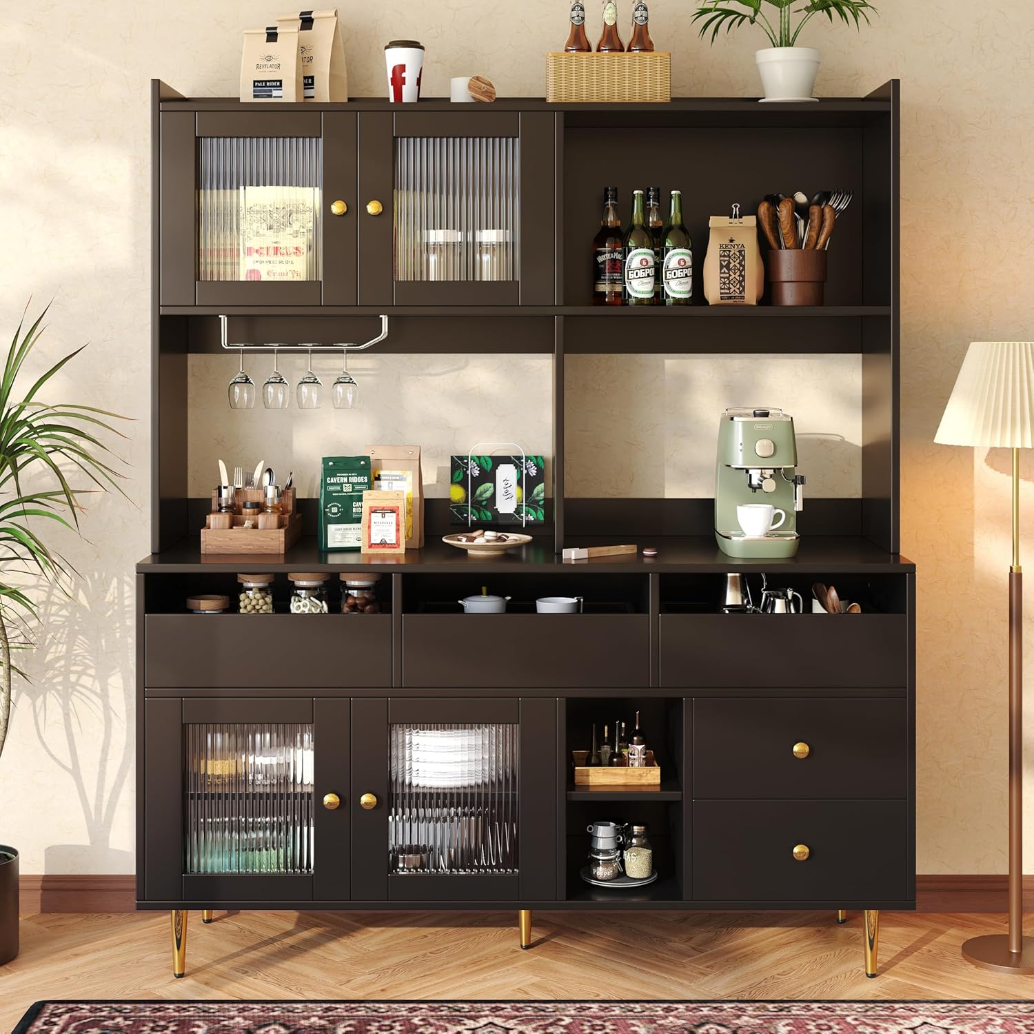 Küchenschrank mit Weinglasregal, Buffetschrank mit Glastür, Hochschrank mit Golddekoration, Vitrinenschrank Küche, Esszimmerschrank, Vitrine, Schrank küche, 145 x 39 x 171 cm, Schwarz