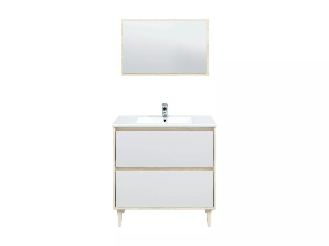 Meuble sous-vasque Yazoo, Meuble sous-vasque de salle de bain, Meuble sous-vasque avec miroir, Lavabo non inclus, 80x45h80 cm, Blanc brillant et chêne