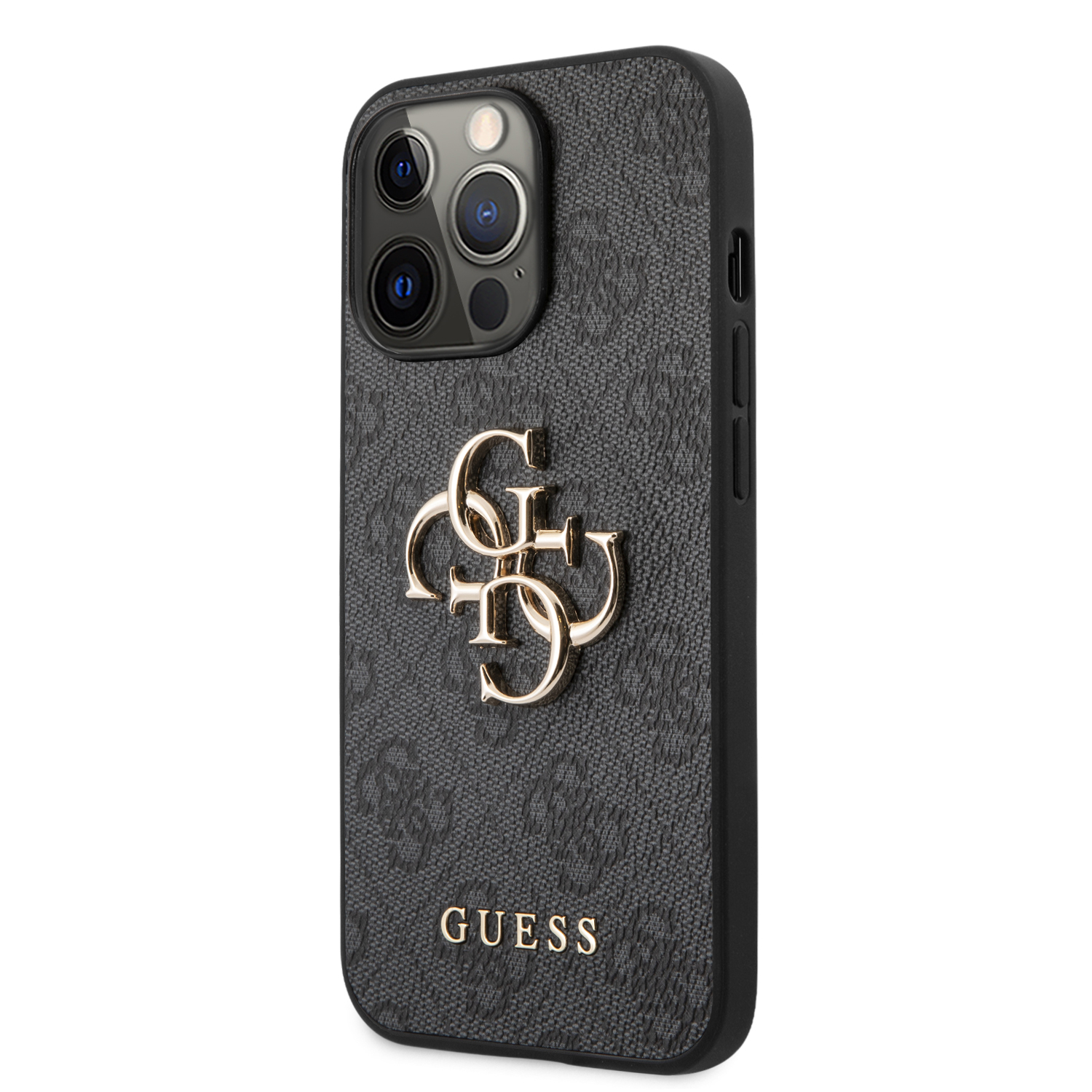 iPhone 13 Pro Leder Hardcase Hülle Metall Logo (GUHCP13L4GMGGR) - Grau / Gold