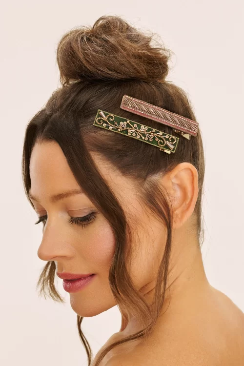 Powder Jewelled haarclips in oudroze en groen