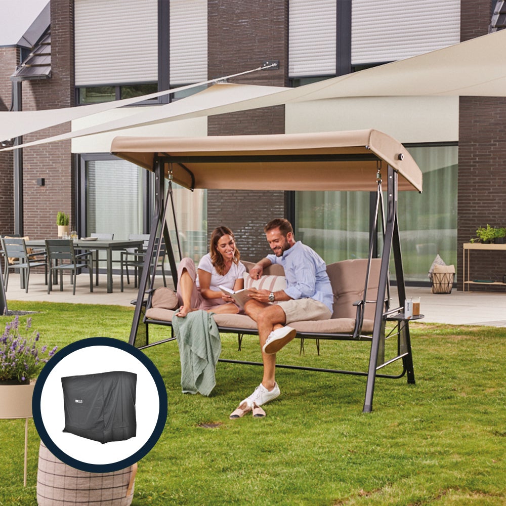 Home Deluxe - Descanso Beige Hollywood Schommelstoel met Hoes - 3-Zits, B/H/L 115cm x 195cm x 198cm, incl. Bekerhouder, Zit- en Rugkussens | Tuinligstoel, Tuinlounge, Schommelstoel