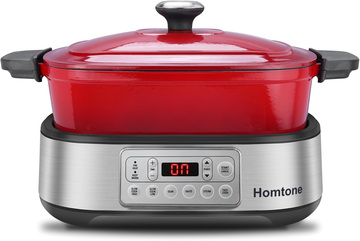 Homtone Slow Cooker Schongarer 6-in-1, 5,5L Multikocher Programmierbarer Abnehmbarer Emaille-Schmortopf, Keramik-Antihaftbeschichtung, Langsames Garen, Anbraten, Dämpfen mit Dampfgarrost, Rot