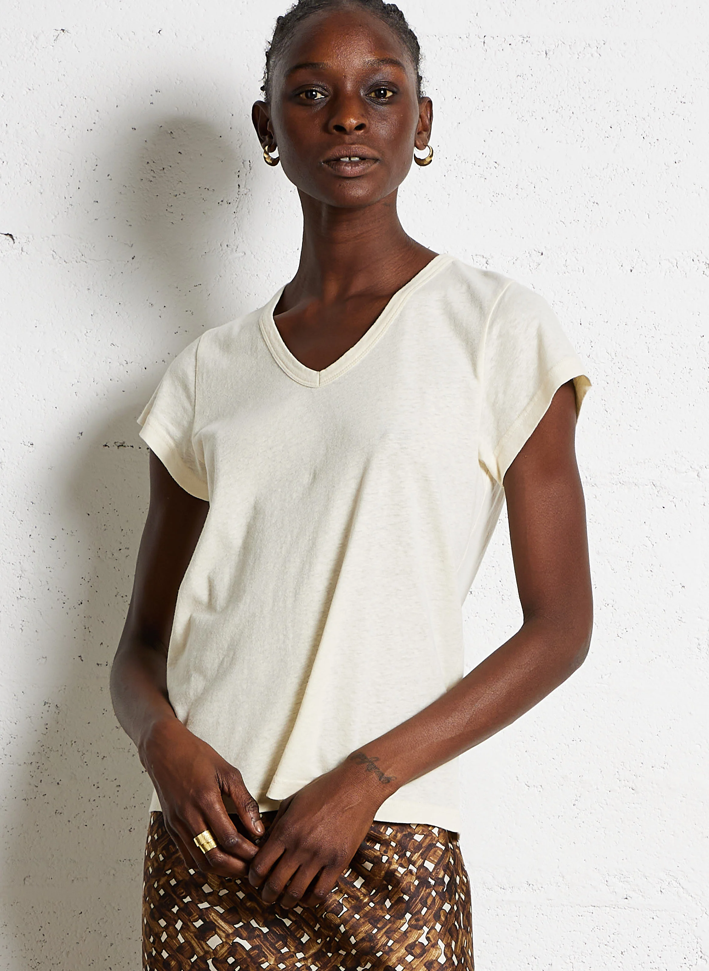 DOMINIQUE - Tee-shirt col V en coton et lin mélangé | Beige