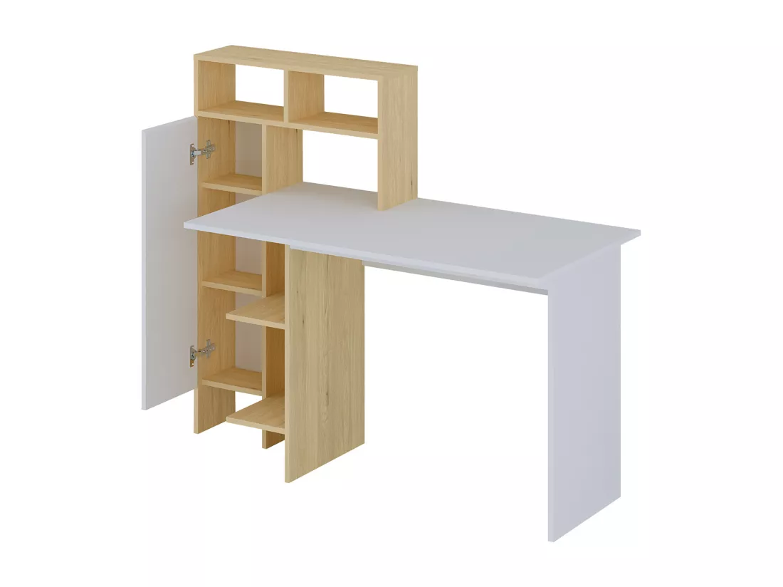 Bureau avec 1 placard et 4 niches - Blanc et naturel - MONTOLANIA