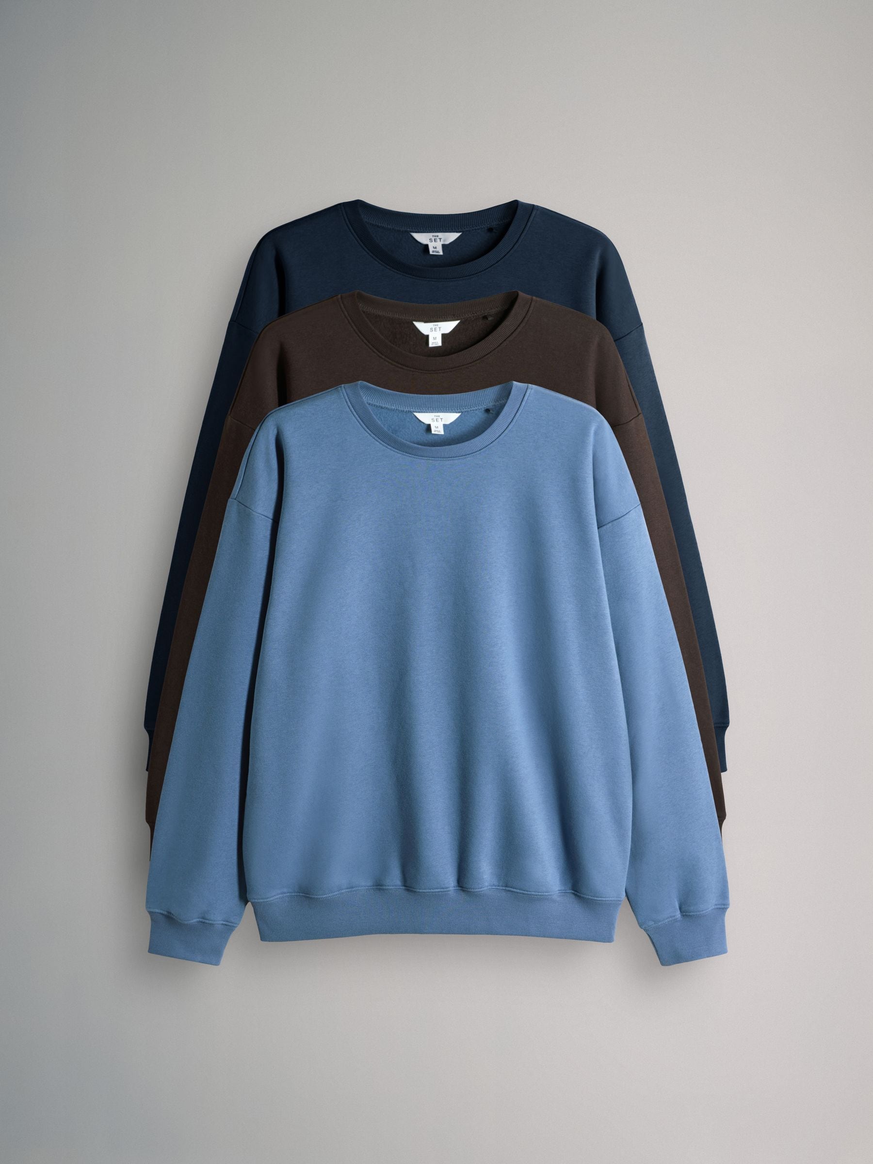 Marineblauw/Chocoladebruin/Lichtblauw - The Set set van 3 ruimvallende sweatshirts met ronde hals