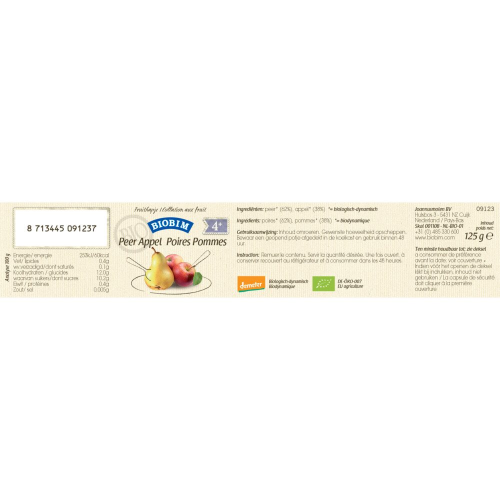 6x Biobim Fruithapje 4+ mnd Peer & Appel125 gr