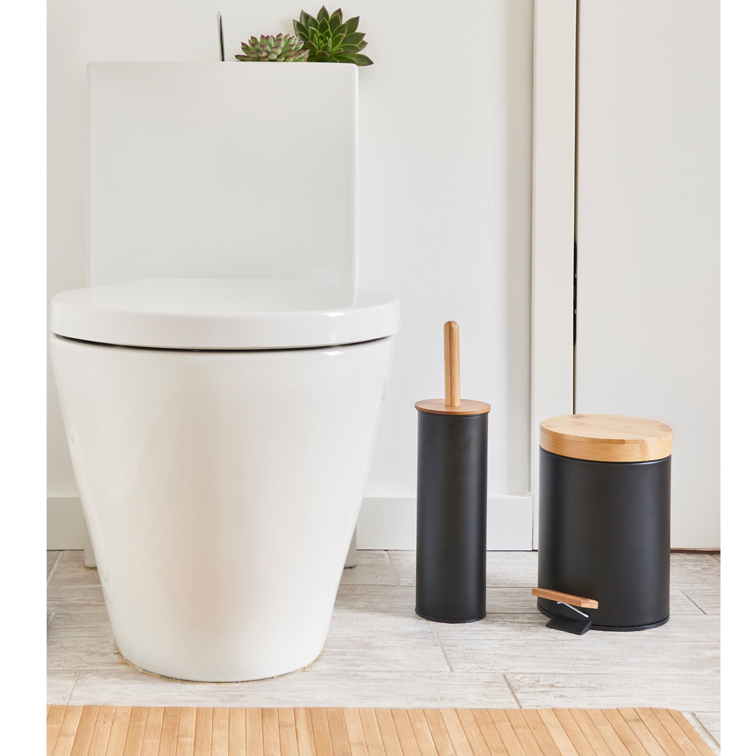 Zeller WC|Toiletborstel in houder - bamboe hout - zwart - H38 cm