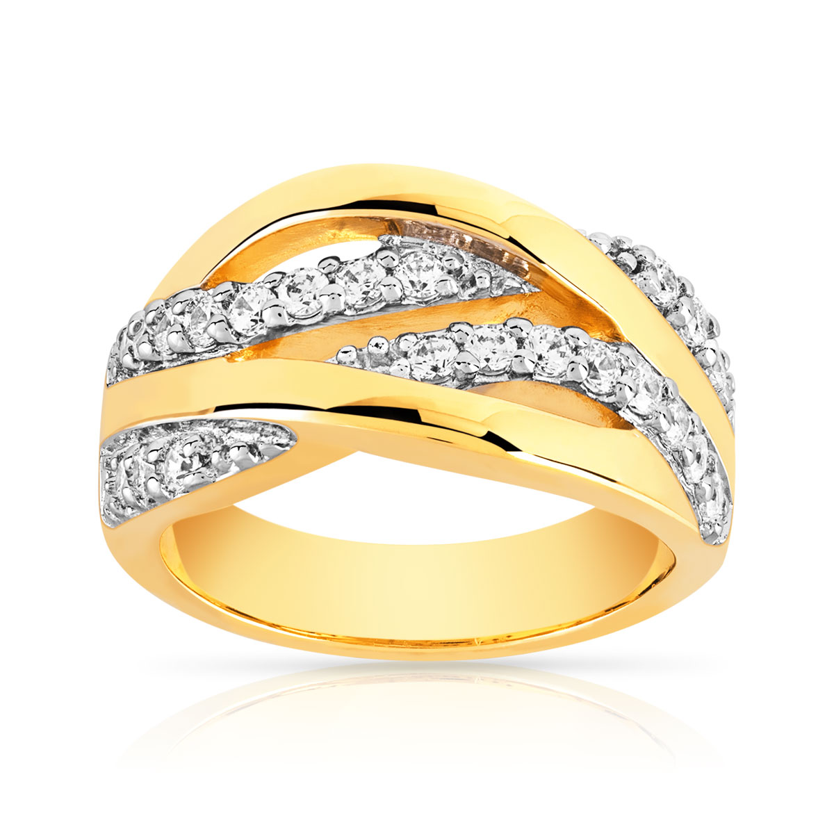 Bague plaqué or 2 tons entrelacée zirconias
