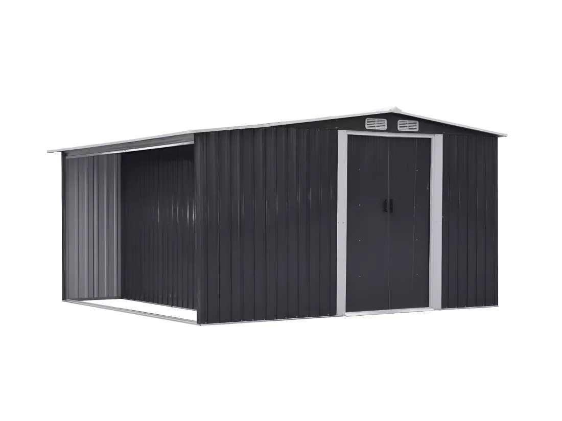 Abri de jardin métal avec abri bûche en acier galvanisé gris 10,29 m² - LERY