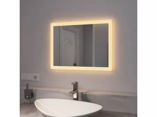 EMKE Miroir lumineux salle de bain 60x45cm, Miroir LED avec Interrupteur à bouton, Anti-buée, Miroir avec éclairage lumière Blanche Froide/Chaude