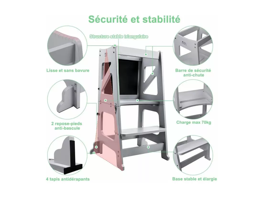 Chaise Haute Bébé 2 en 1,Tour d'apprentissage Pliable en Bois avec Tableau Magnétique Double-Face,Transformable Table et Chaise,Gris