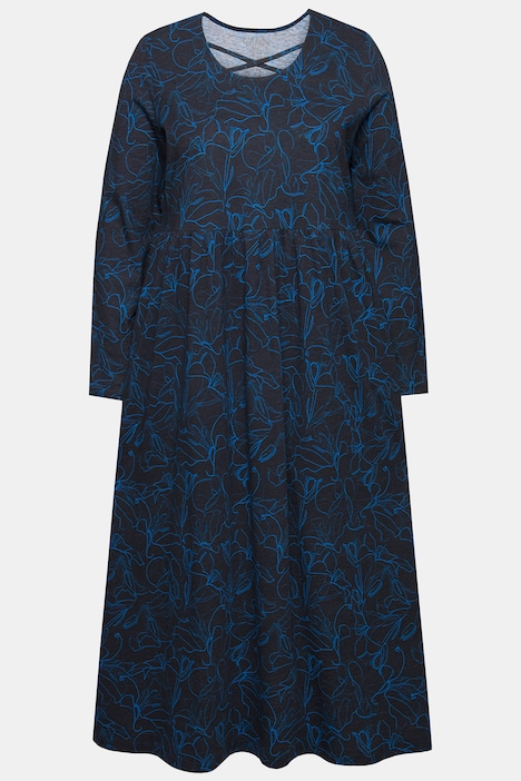 Jersey-Midikleid, A-Linie, Zierbänder, Rundhals, Langarm