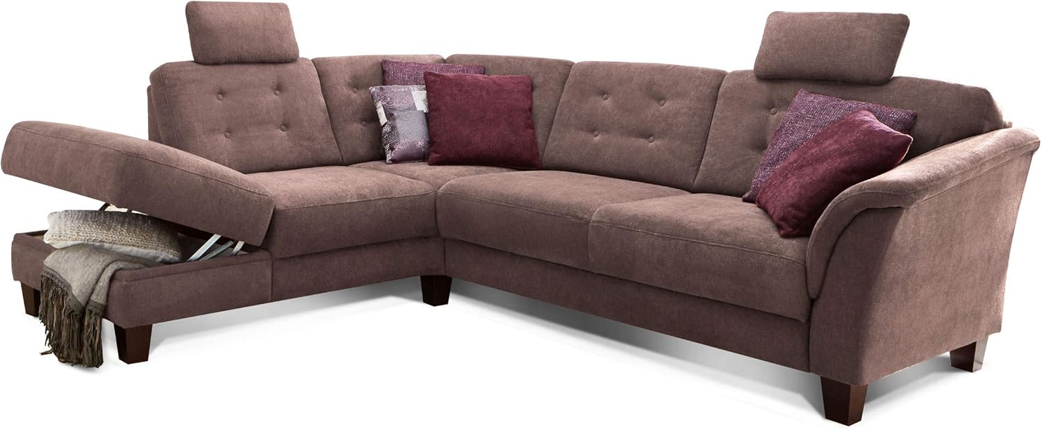Cavadore Ecksofa Trond mit Ottomane links / Federkern-Sofa im Landhausstil mit 2 Kopfstützen und Vorziehsitz mit Bettkasten / 260 x 89 x 214 / Webstoffbraun