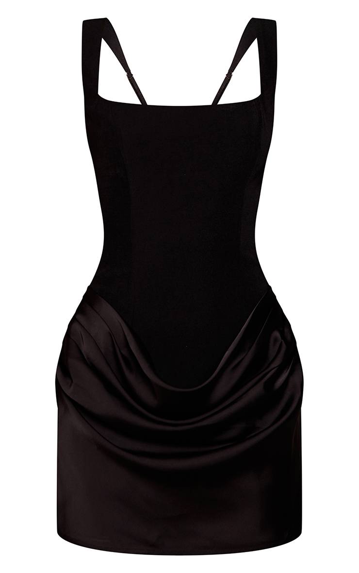 Noir Robe Mini Drapée En Satin Avec Corset Tissé