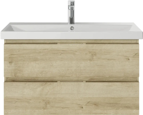 3-delige badkamermeubelset Pelipal serie 4035 BxHxD 90 x 200 x 45 cm, frontkleur eiken riviera, met keramische wastafel in wit en keramische wastafelkast, wastafelmeubel, spiegelkast met LED-verlichting 40350900121470