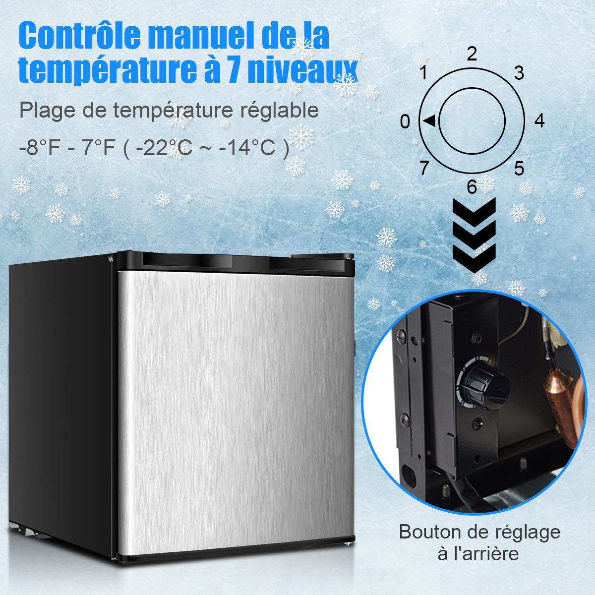 Mini Congélateur Vertical Capacité 31,1 L Porte Réversible en Acier Inoxydable Contrôle Mécanique Température Réglable