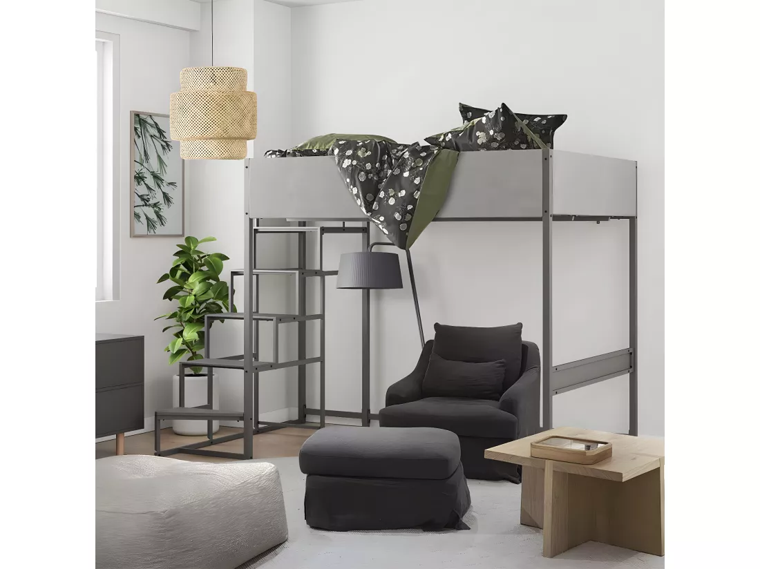 Lit mezzanine avec sommier + escalier en tissu gris, métal finition epoxy grise et mélamine grise - grand couchage 140x190 cm - DOCKLAND