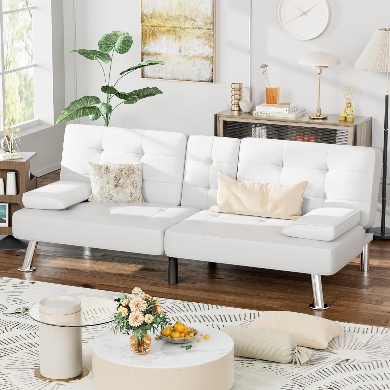 Homall Futon Schlafsofa, Leder-Futon-Couch mit abnehmbaren Armlehnen, verstellbare Liege, Schlafsofa mit zwei Getränkehaltern für Wohnzimmer, Wohnung, Büro (Weiß)