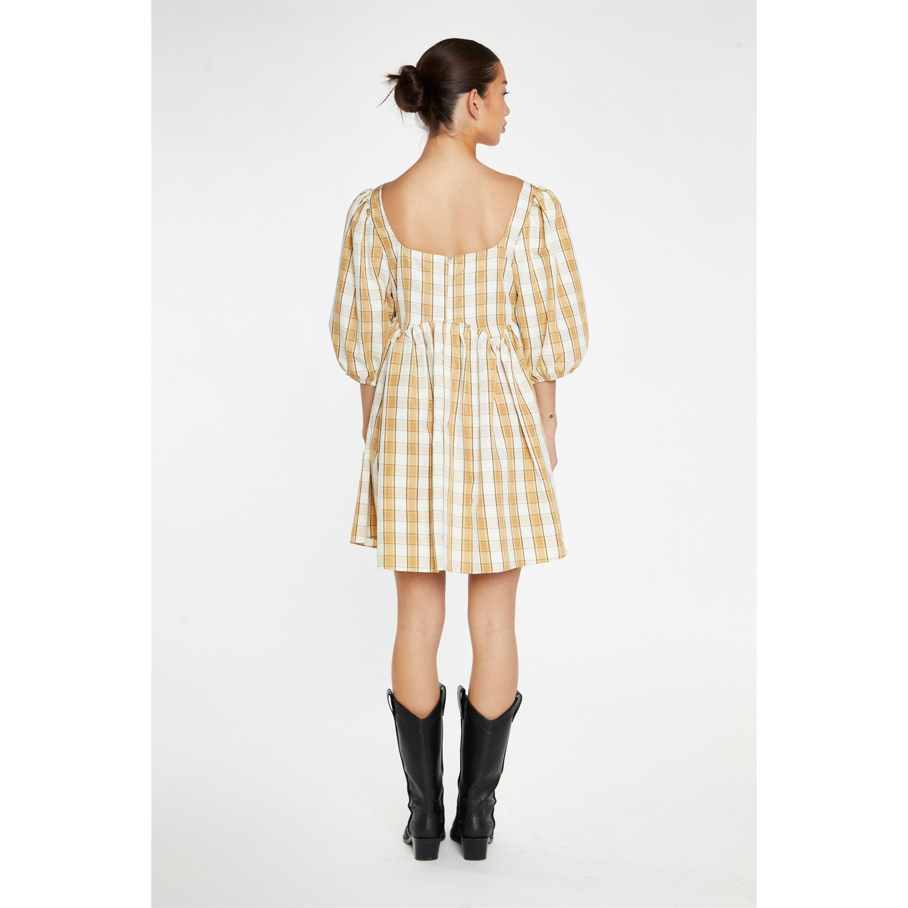 Glamorous Beige Cream Check Square Neck Smock Mini Dress