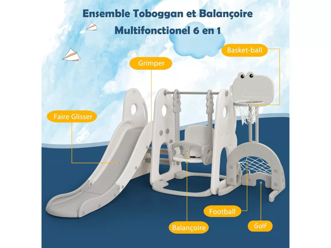Ensemble Toboggan Balançoire 6 en 1 HDPE Basket-ball Football Escalade Golf pour Enfants 18 Mois+Gris+Blanc