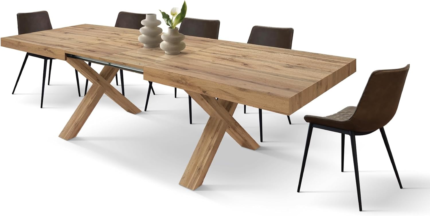 PAZZO DESIGN Ausziehbarer Tisch Marco, Wohnzimmertisch, Küchentisch, Kreuzbeine X Eiche, hergestellt in Italien, rustikale Eiche, 180x90x76 cm - id_2231