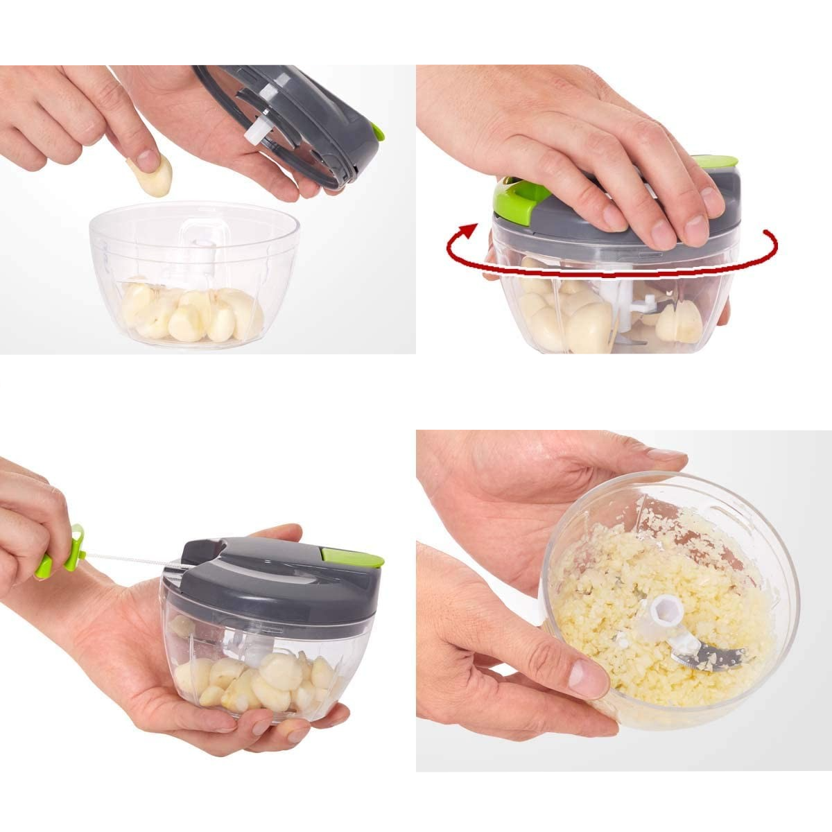 (12.6x9.3cm) Handbetriebener Zerkleinerer mit Edelstahlklinge für Obst / Gemüse - Grau / Grün