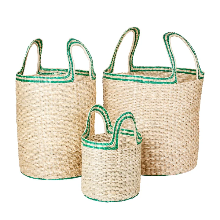 Broste Copenhagen - Lykke Korb, natural / jelly green (3er-Set)