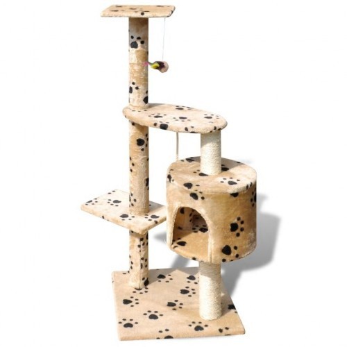 Arranhador bege para gatos com pegadas de patas.