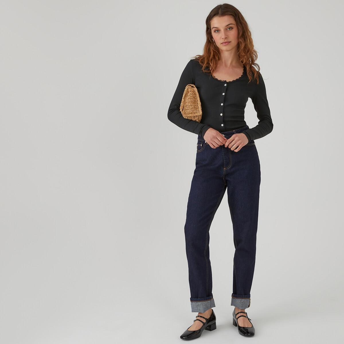 COLEÇÃO LA REDOUTE<br>Camiseta com fechamento por botões e mangas compridas, detalhe em renda