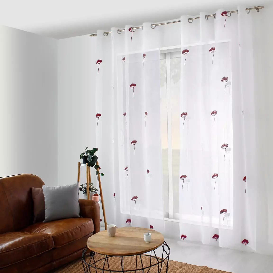 Voilage brodé œillets (140 x 240 cm) Cosmos Bordeaux