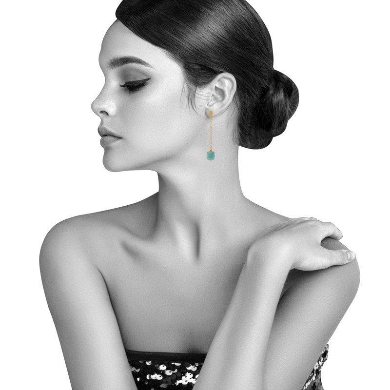 Boucles d'Oreilles Chainette Laiton Doré et Cube en Céramique