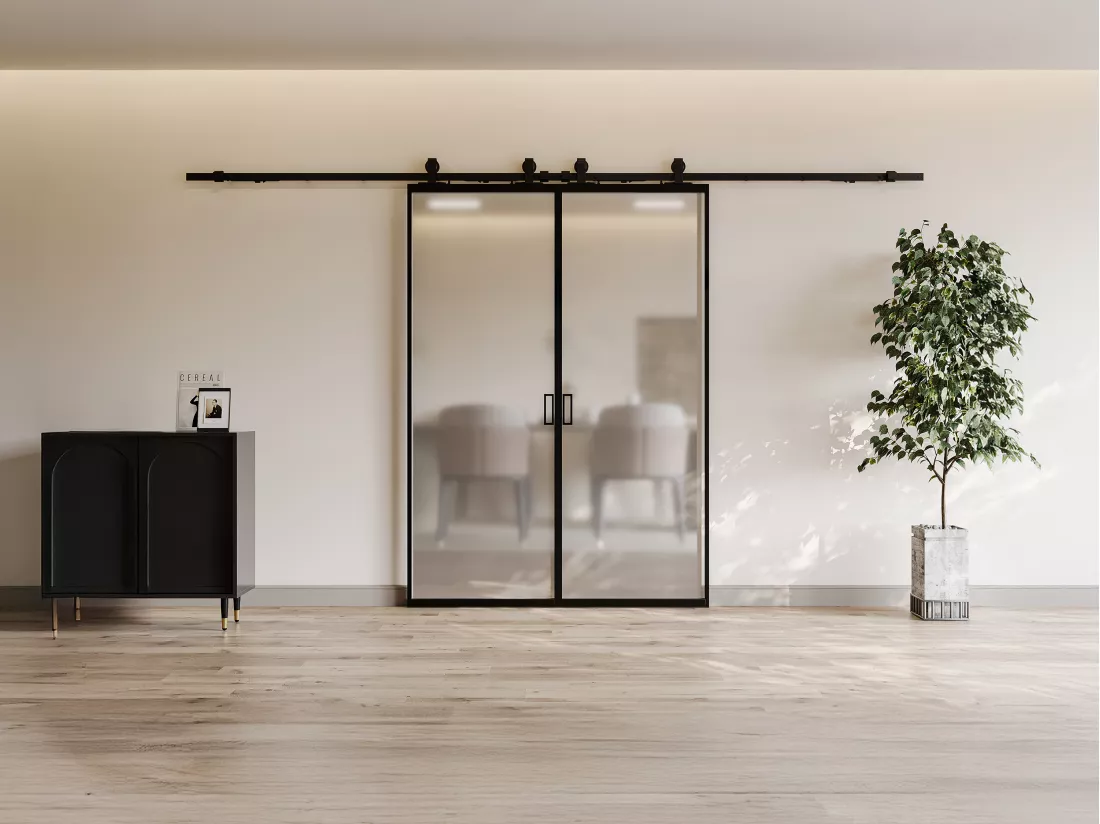 Porte coulissante double avec système en applique - aluminium et verre trempé dépoli - 2 x H205 x L93 cm - LINCI II