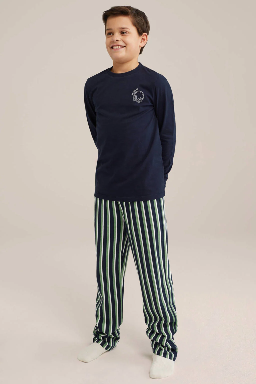 WE Fashion pyjamaset marineblauw/groen/wit