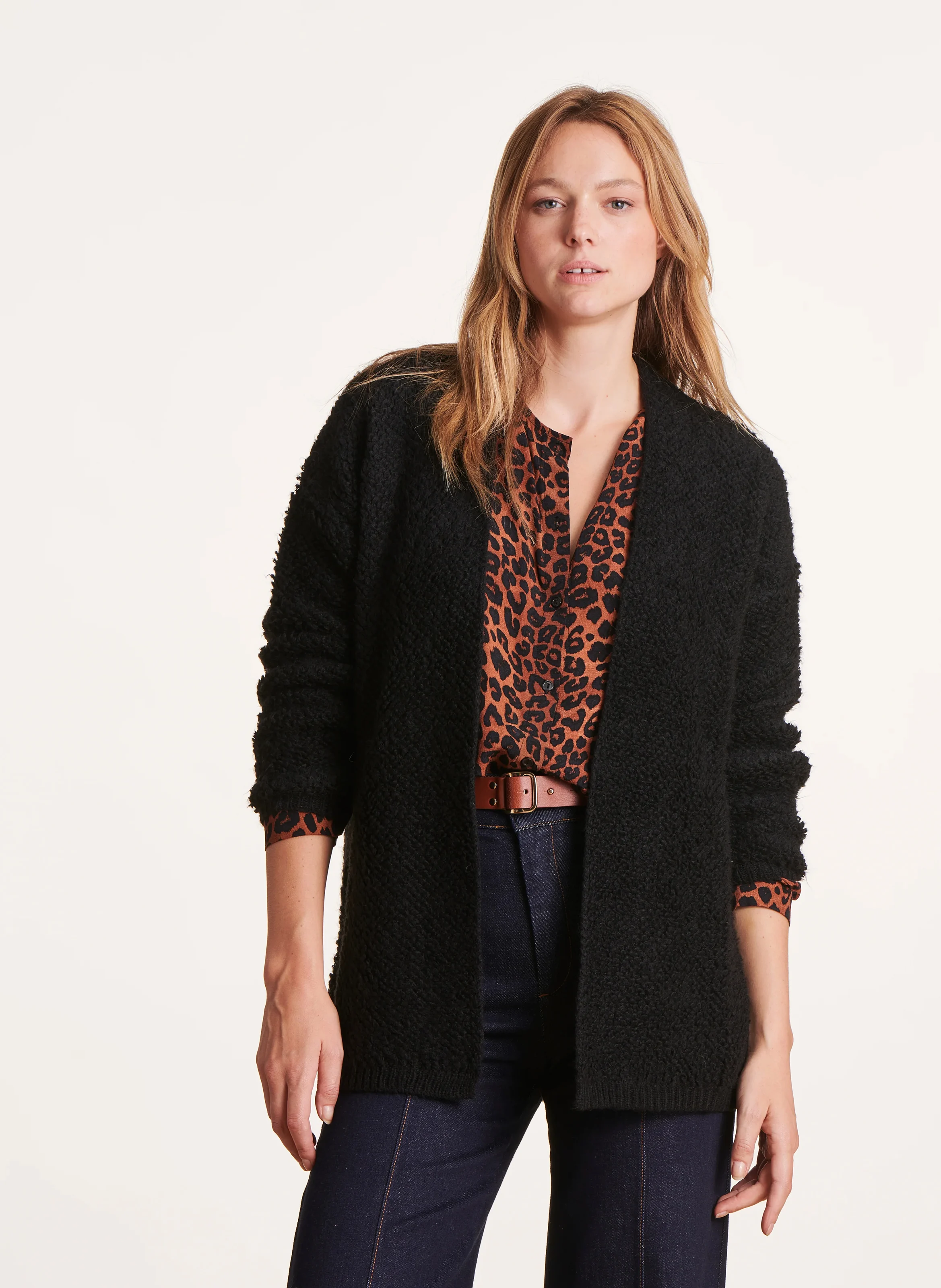 Gilet mi-long ample texturé| Noir