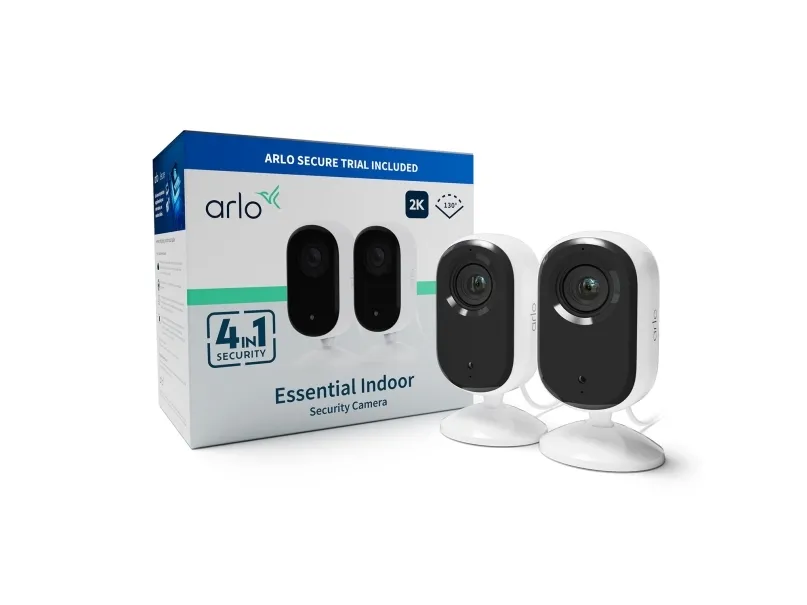 Arlo Essential Indoor 2K - Netværksovervågningskamera - indendørs - farve (Dag/nat) - 4 MP - 2560 x 1440 - audio - trådløs - WiFi - med Arlo Secure Plan (Trial) (pakke med 2)